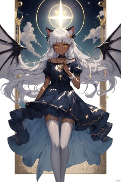  {masterpiece},white hair,yellow eyes,aqua eyes,looking up,stockings,dark skin,long hair,hime cut,messy hair,floating hair,demon wings,halo,cross necklace,holy,divinity,shine,holy light,cat girl,(loli),(petite),solo,cozy anime,houtufeng,letterboxed,1 girl,2Dconceptualdesign
负向提示