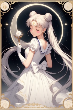  1girl,crescent,double_bun,facial_mark,twintails,tsukino_usagi,crescent_facial_mark,dress,sailor_senshi_uniform,jewelry,bow,white_dress,earrings,forehead_mark,framed,white_gloves,solo,princess_serenity,white_hair,closed_eyes,hairpin,smile,very_long_hair,back_bow,moon,magical_girl,own_hands_clasped