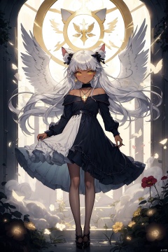  {masterpiece},white hair,yellow eyes,aqua eyes,looking up,stockings,dark skin,long hair,hime cut,messy hair,floating hair,demon wings,halo,cross necklace,holy,divinity,shine,holy light,cat girl,(loli),(petite),solo,cozy anime,houtufeng,letterboxed,1 girl,2Dconceptualdesign
负向提示