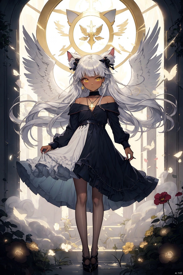  {masterpiece},white hair,yellow eyes,aqua eyes,looking up,stockings,dark skin,long hair,hime cut,messy hair,floating hair,demon wings,halo,cross necklace,holy,divinity,shine,holy light,cat girl,(loli),(petite),solo,cozy anime,houtufeng,letterboxed,1 girl,2Dconceptualdesign
负向提示