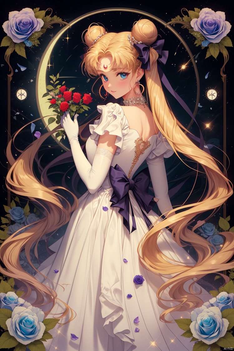  blue_flower,blue_rose,pink_rose,purple_rose,red_rose,rose,white_rose,tsukino_usagi,black_rose,double_bun,flower,1girl,crescent,yellow_rose,pink_flower,thorns,crescent_facial_mark,blonde_hair,black_flower,rose_petals,gloves,crescent_moon,bow,squiggle,spoken_squiggle,princess_serenity,white_gloves,purple_flower,green_flower,dress,elbow_gloves,facial_mark,solo,rose_print,back_bow,white_flower,earrings,twintails,blue_eyes,very_long_hair,venus_symbol,forehead_mark,red_flower,jewelry,moon