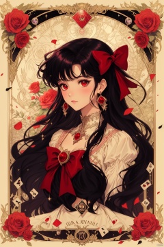  red_flower,red_rose,rose,sparkle,star_\(symbol\),flower,pink_rose,1girl,earrings,white_rose,card_\(medium\),star_earrings,thorns,rose_petals,tarot,jewelry,solo,art_nouveau,black_hair,pink_flower,bow,roman_numeral,yellow_rose,framed,cross,red_bow,purple_rose,hair_bow,rose_print,red_eyes