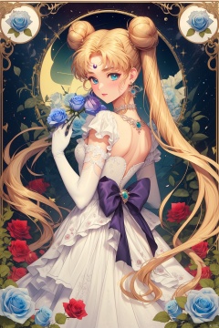  blue_flower,blue_rose,pink_rose,purple_rose,red_rose,rose,white_rose,tsukino_usagi,black_rose,double_bun,flower,1girl,crescent,yellow_rose,pink_flower,thorns,crescent_facial_mark,blonde_hair,black_flower,rose_petals,gloves,crescent_moon,bow,squiggle,spoken_squiggle,princess_serenity,white_gloves,purple_flower,green_flower,dress,elbow_gloves,facial_mark,solo,rose_print,back_bow,white_flower,earrings,twintails,blue_eyes,very_long_hair,venus_symbol,forehead_mark,red_flower,jewelry,moon