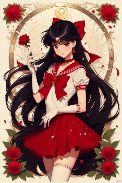  flower,red_flower,red_rose,rose,sailor_senshi_uniform,rose_petals,sailor_collar,magical_girl,1girl,choker,bow,skirt,gloves,pink_rose,elbow_gloves,earrings,petals,thorns,red_bow,white_gloves,crescent,black_hair,jewelry,art_nouveau,solo,camellia,leaf,circlet,white_rose,brooch,plant,star_\(symbol\),sailor_mars,crescent_moon,moon,spider_lily,red_skirt