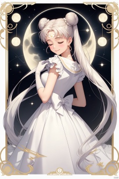  1girl,crescent,double_bun,facial_mark,twintails,tsukino_usagi,crescent_facial_mark,dress,sailor_senshi_uniform,jewelry,bow,white_dress,earrings,forehead_mark,framed,white_gloves,solo,princess_serenity,white_hair,closed_eyes,hairpin,smile,very_long_hair,back_bow,moon,magical_girl,own_hands_clasped