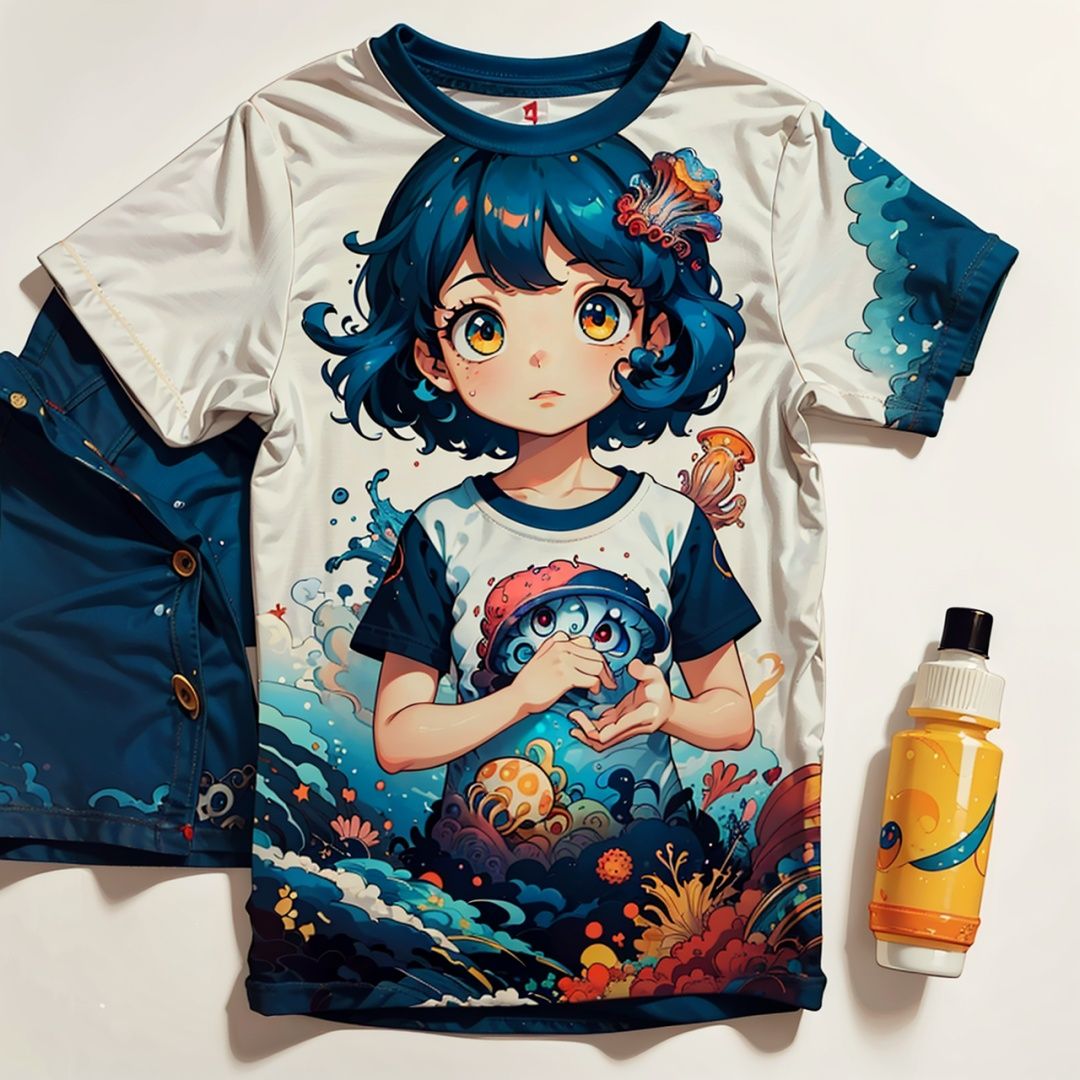  T-shirt design,  best quality,Amazing,Beautiful golden eyes,finely detail,Depth of field,extremely detailed CG unity 8k wallpaper,(1 girl :1.5),Deep sea background,jellyfish,masterpiece,fluttered detailed splashs, beautiful detailed water,cosmic eyes,Shock sensation,(realistic :0.5),octopus,original, 
, new_blue_b