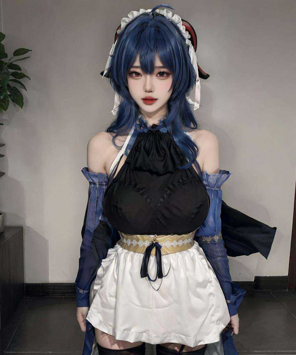 (masterpiece, best quality:1.4),finely detailed,1girl,solo,(pale skin:1.1),(perfect body),glossy skin,killer,ganyu (genshin impact),blue hair,thighhighs,horns,solo,dress,maid,detached sleeves,black thighhighs,alternate costume,maid headdress,full body,long hair,standing,bare shoulders,frills,indoors,white dress,<lora:甘雨-000006:0.7>,(Supergiant huge breasts:1.3),(close-up photo:1.2),(arm around back:1.1),<lora:修女cos服v1.0:0.8:mb>,(upper_body:1.1),