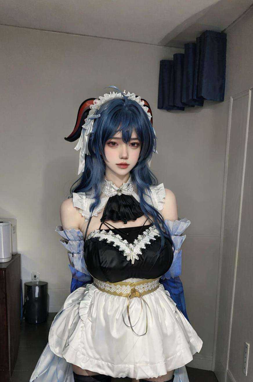 (masterpiece, best quality:1.4),finely detailed,1girl,solo,(pale skin:1.1),(perfect body:1.1),glossy skin,killer,ganyu (genshin impact),blue hair,thighhighs,horns,solo,dress,maid,detached sleeves,black thighhighs,maid headdress,full body,long hair,bare shoulders,frills,indoors,(Supergiant huge breasts:1.4),(close-up photo:1.2),(arm around back:1.1),(upper_body:1.1),grey eyes,<lora:修女cos服v1.0:0.8:mb>,(cleavage:1.3),<lora:甘雨-000010:0.7>,