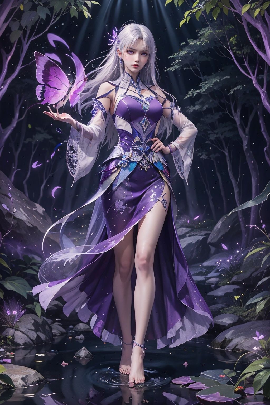 masterpiece,best quality,official art,extremely detailed CG unity 8k wallpaper,1girl, white hair, purple eyes, angry, frown, purple fire,full body, barefoot, dress, dark, hand on hips, waterfall, butterfly, reflection, tree, light rays, caustics, light particles,  <lora:天毒女:0.55>