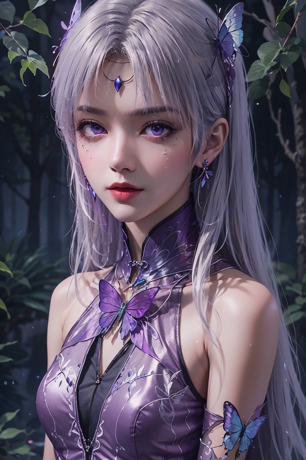 masterpiece,best quality,official art,extremely detailed CG unity 8k wallpaper,1girl, upper body, white hair, purple eyes, waterfall, butterfly, reflection, tree, light rays, caustics, light particles,  <lora:天毒女:0.55>