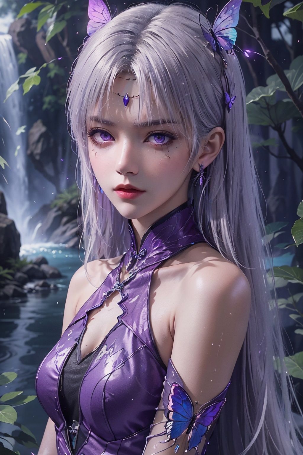 masterpiece,best quality,official art,extremely detailed CG unity 8k wallpaper,1girl, upper body, white hair, purple eyes, angry, frown, purple fire, waterfall, butterfly, reflection, tree, light rays, caustics, light particles,  <lora:天毒女:0.55>