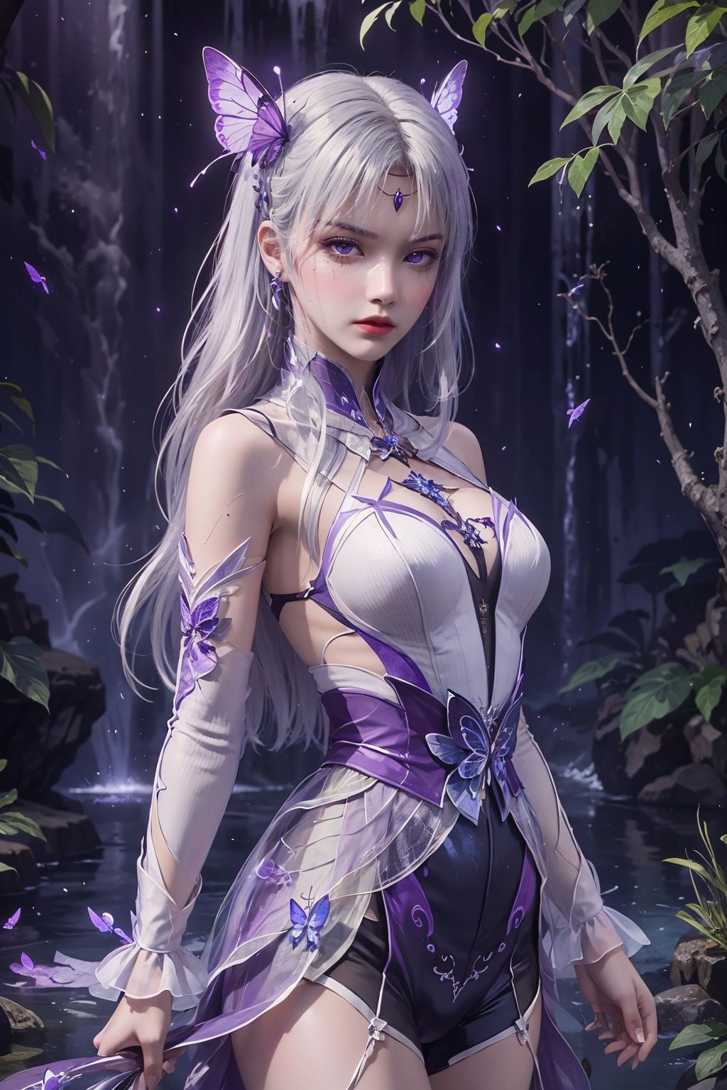 masterpiece,best quality,official art,extremely detailed CG unity 8k wallpaper,1girl, white hair, purple eyes, angry, frown, purple fire, cowboy shot, waterfall, butterfly, reflection, tree, light rays, caustics, light particles,  <lora:天毒女:0.55>