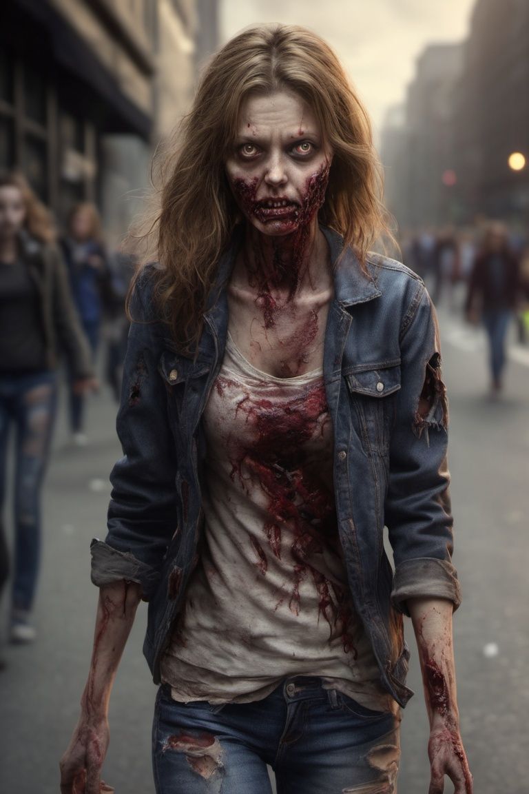 Zombie, 1girl, realistic, high_resolution, high detail, realism, on street