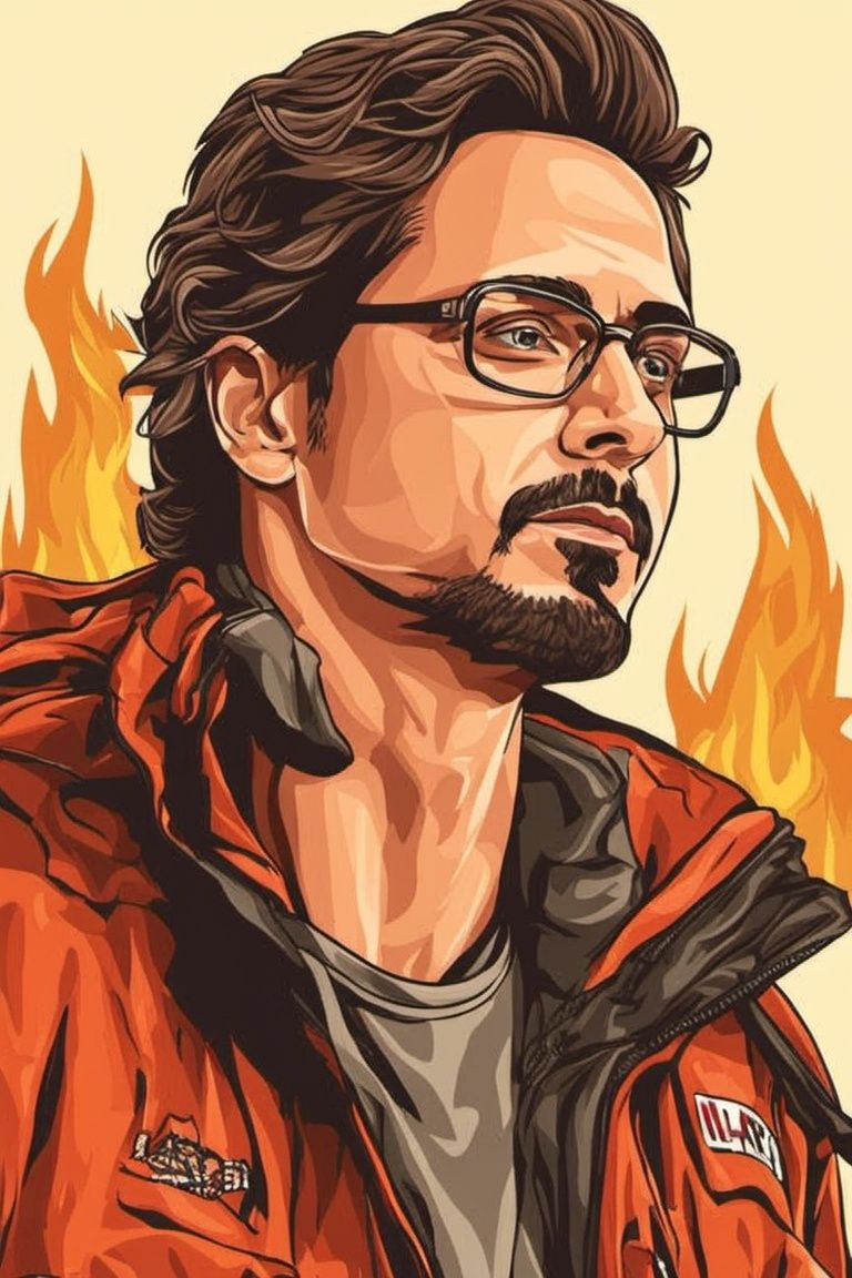 Vector art style, 1man, high_resolution, high detail, on fire