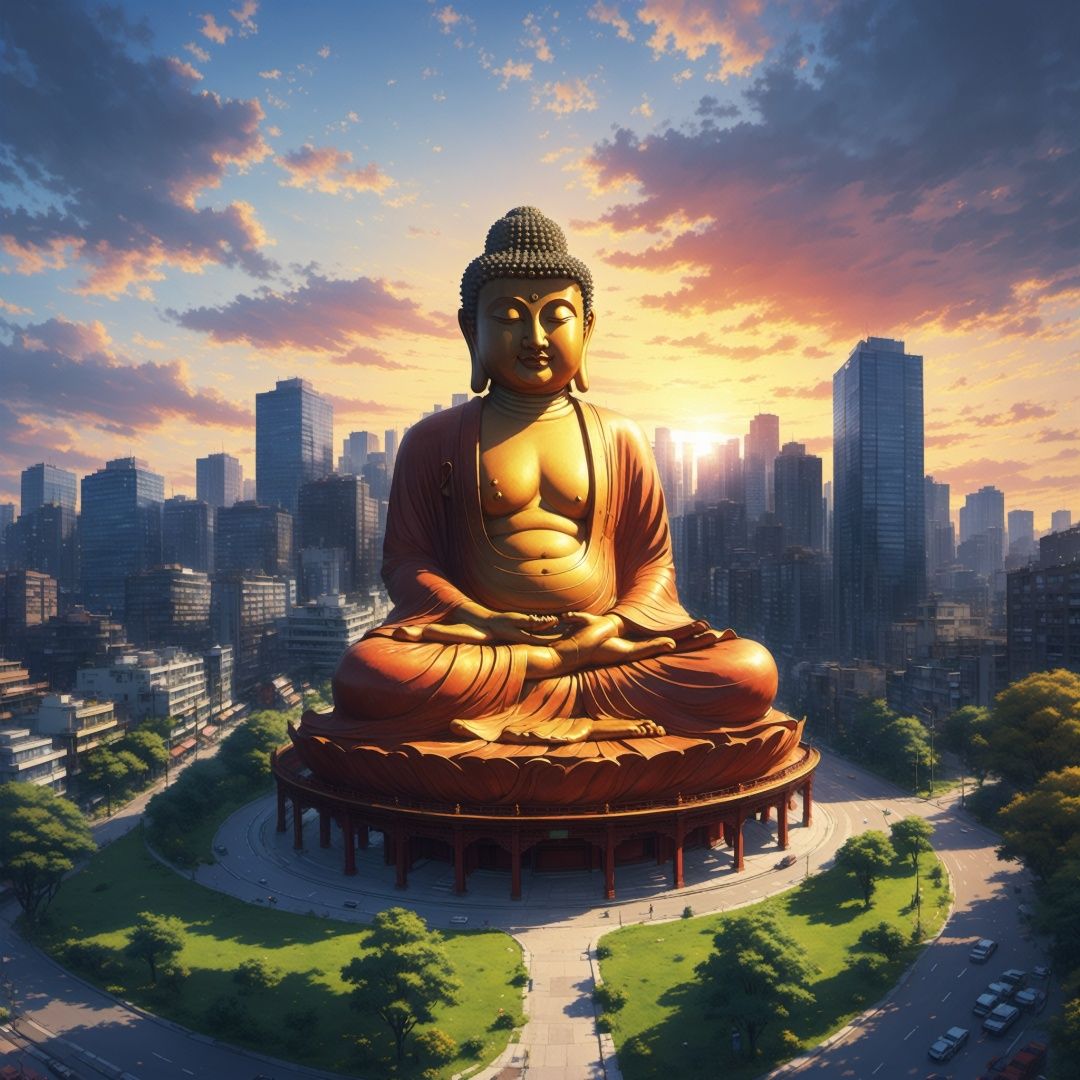 A city,
((a huge Buddha statue in the middle of the city)),
The setting sun,
Colored cloud,
