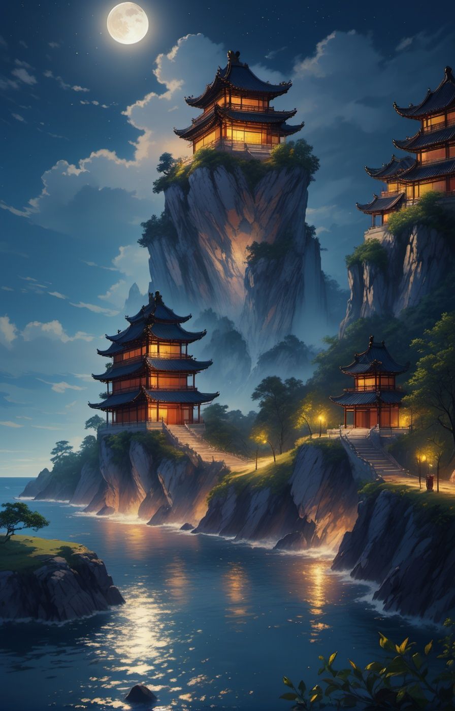 The bright moonlight shines through the clouds, the bottom left part of the picture is an ancient Chinese architecture, below the moon is (sea, detailed sea ripples, night scene, light particle effect, excellent work, extremely elaborate picture description,8k wallpaper, ink painting style, obvious light and shadow effects, ray tracing, obvious layers, depth of field, best quality, <lora:WDR_scenery1.0:0.8>
