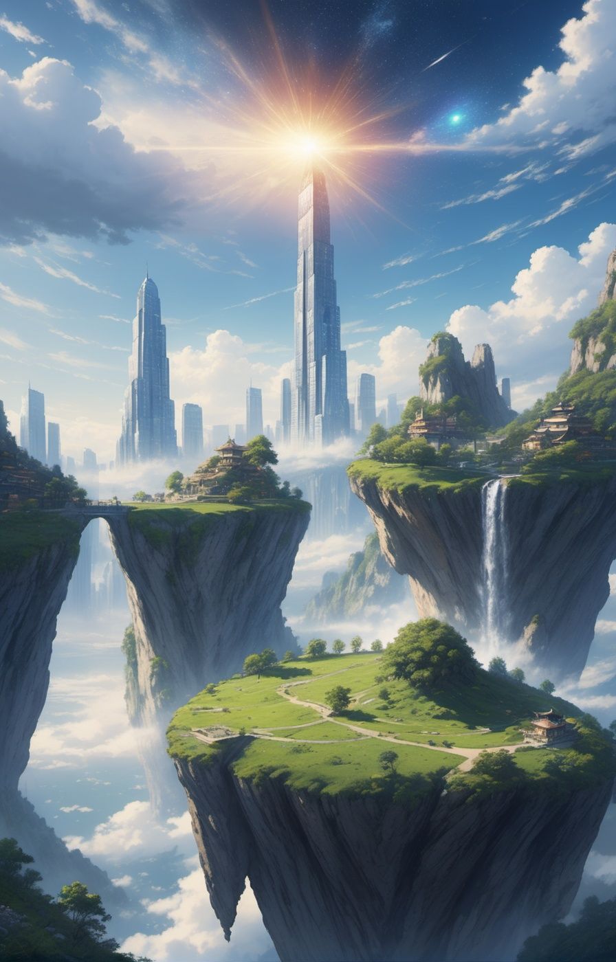 Official art, unified 8k wallpaper, ultra detailed, best quality, natural light, (masterpiece: 1.2), (a boy and a girl meet in different time and space), (parallel time and space), they come from different time and space, (the boy's time and space is a bustling city in the future), (the girl's time and space is the past, a peaceful countryside), multiverse, divided world, ultra fine, epic scenes, blue sky, clouds, meteors, Shining light, panorama, illusion engine 5 rendering, future science fiction style, dream style, from below, (Fisheye lens lens), (masterpiece), (best quality),Urban techwear,<lora:20230828-1693186890728-0020:0.7>