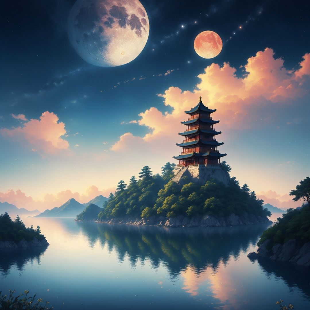 best quality,realistic,masterpiece,,simple background,,,,ultra-There was an island in the deep blue sea,
night,
(((There are many Chinese buildings on the island))),
(((Blue planets rise from the sea)));
The Milky Way hangs in the sky,
A person looking up at the sky