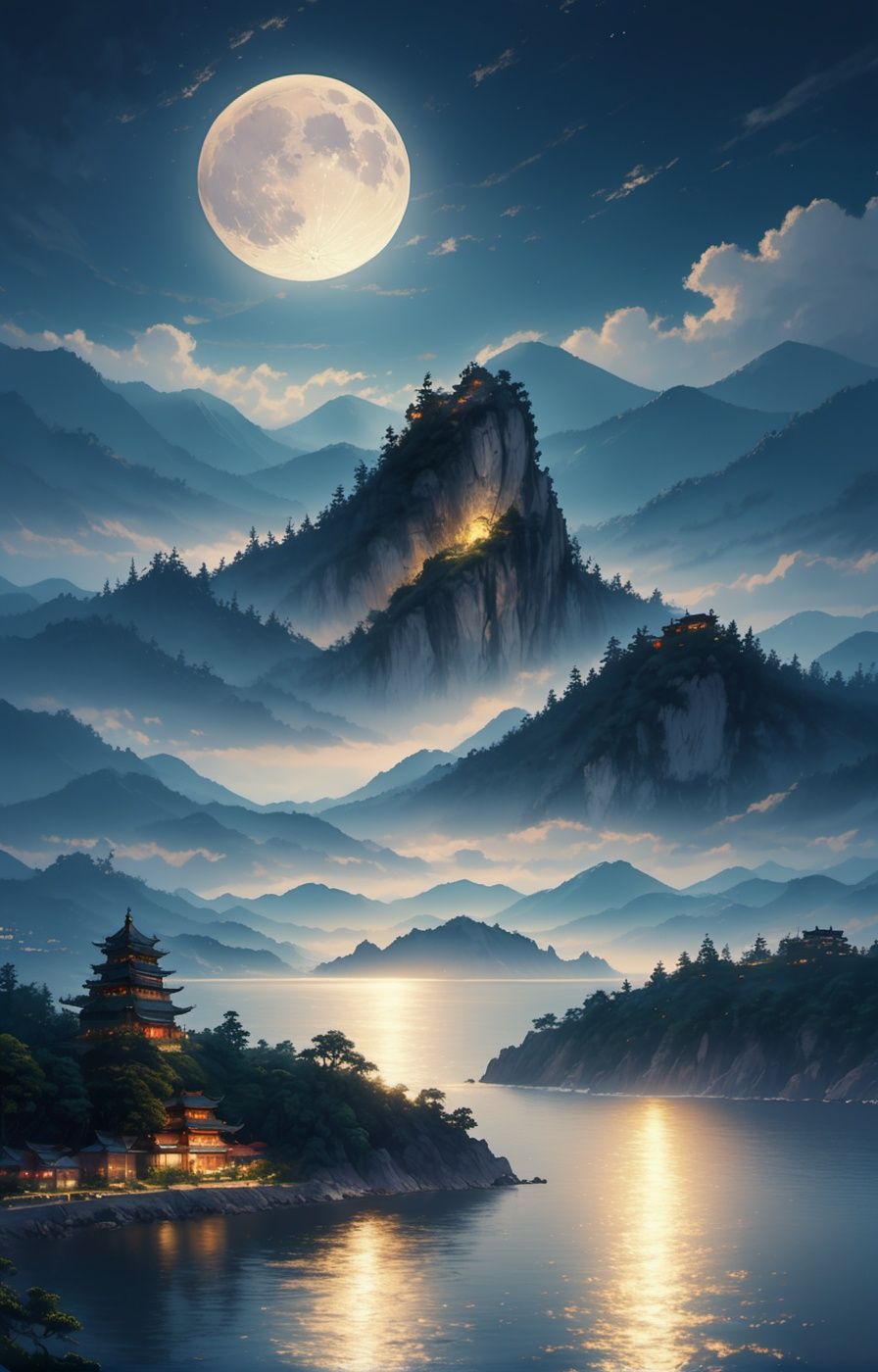 The bright moonlight shines through the clouds, the bottom left part of the picture is an ancient Chinese architecture, below the moon is (sea, detailed sea ripples, night scene, light particle effect, excellent work, extremely elaborate picture description,8k wallpaper, ink painting style, obvious light and shadow effects, ray tracing, obvious layers, depth of field, best quality, <lora:WDR_scenery1.0:0.8>