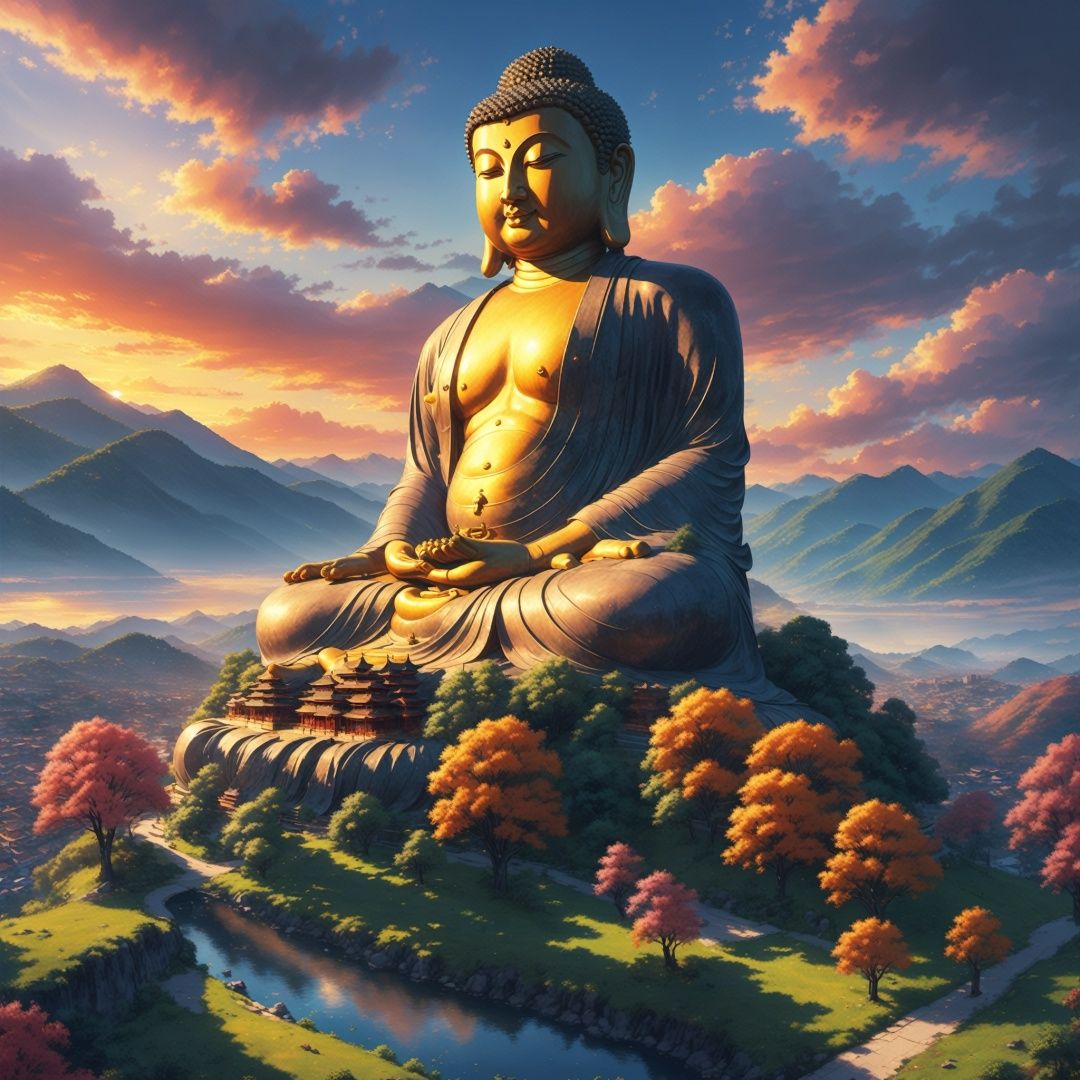 A city,
((a huge Buddha statue in the middle of the city)),
The setting sun,
Colored cloud,