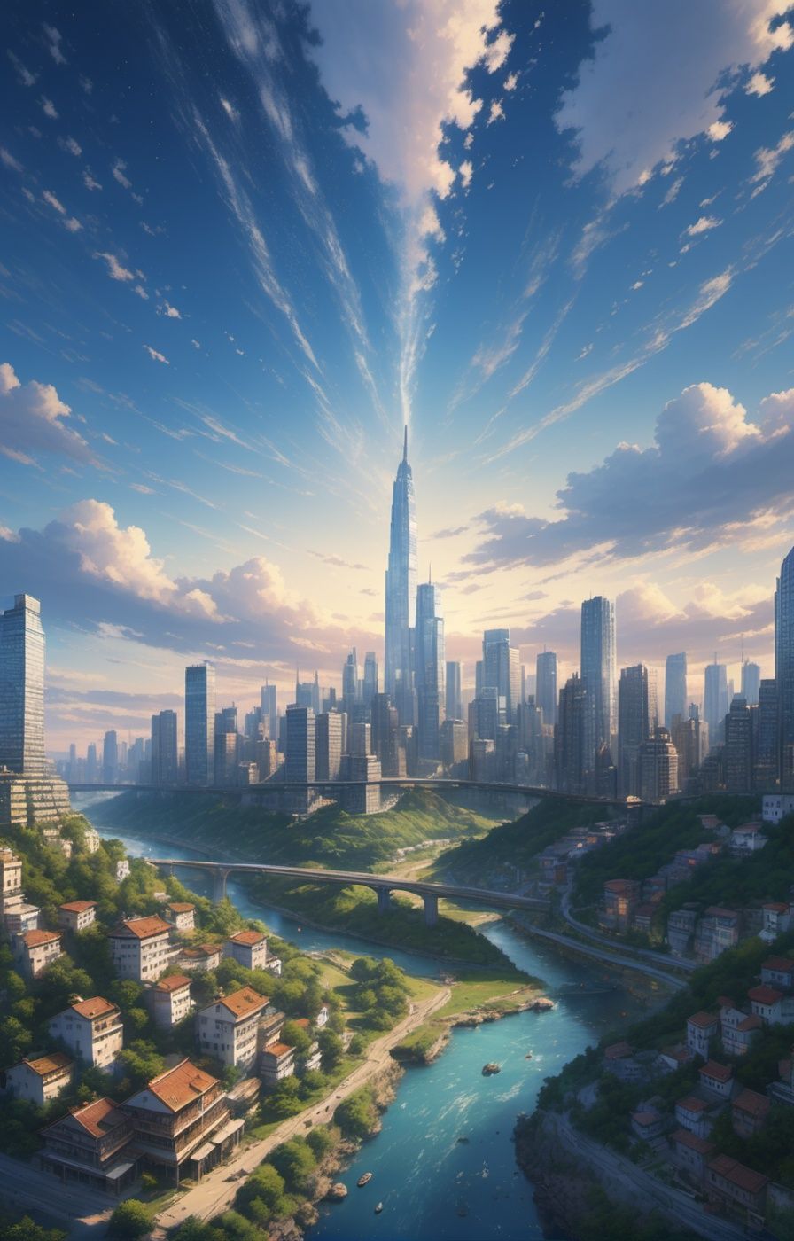 Official art, unified 8k wallpaper, ultra detailed, best quality, natural light, (masterpiece: 1.2), (a boy and a girl meet in different time and space), (parallel time and space), they come from different time and space, (the boy's time and space is a bustling city in the future), (the girl's time and space is the past, a peaceful countryside), multiverse, divided world, ultra fine, epic scenes, blue sky, clouds, meteors, Shining light, panorama, illusion engine 5 rendering, future science fiction style, dream style, from below, (Fisheye lens lens), (masterpiece), (best quality),Urban techwear,<lora:20230828-1693186890728-0020:0.7>