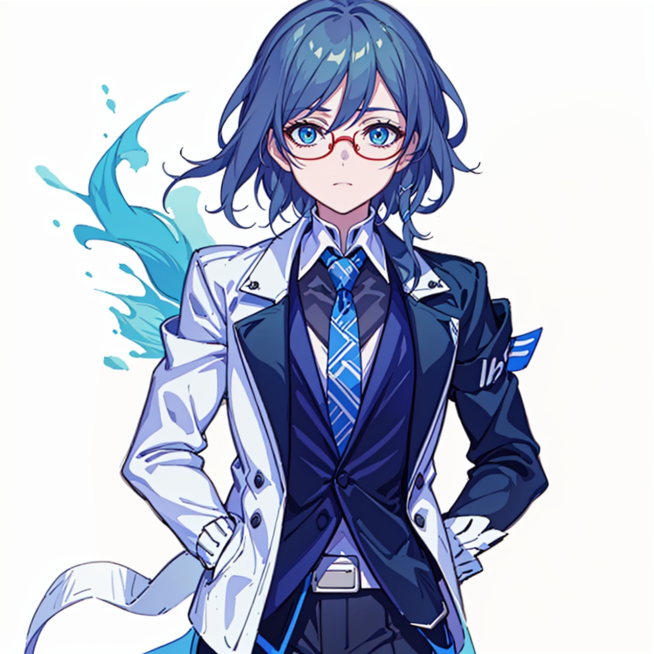  (masterpiece:1.3),(the best quality:1.2),(super fine illustrations:1.2),(Masterpiece),high quality,high detail,(white background:1.2),looking at viewer,(SOLO:1.4),outline,simple background, hair_between_eyes, glasses, suit, fu_hua, blue_eyes