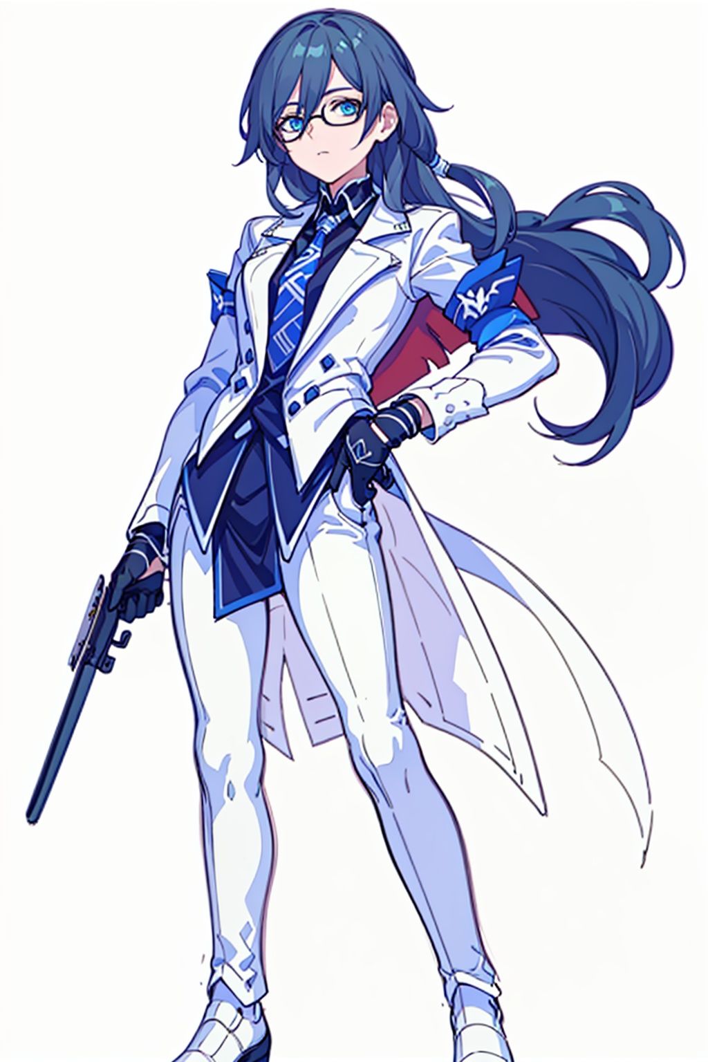 (masterpiece:1.3),(the best quality:1.2),(super fine illustrations:1.2),(Masterpiece),high quality,high detail,(white background:1.2),looking at viewer,(SOLO:1.4),outline,simple background,  hair_between_eyes, glasses, suit, fu_hua, blue_eyes
