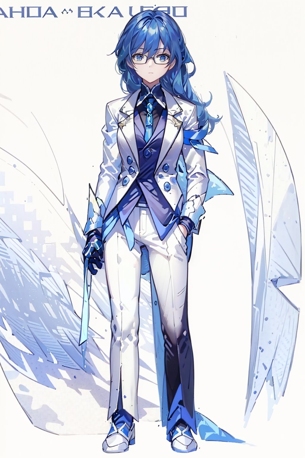 (masterpiece:1.3),(the best quality:1.2),(super fine illustrations:1.2),(Masterpiece),high quality,high detail,(white background:1.2),looking at viewer,(SOLO:1.4),outline,simple background, hair_between_eyes, glasses, suit, fu_hua, blue_eyes