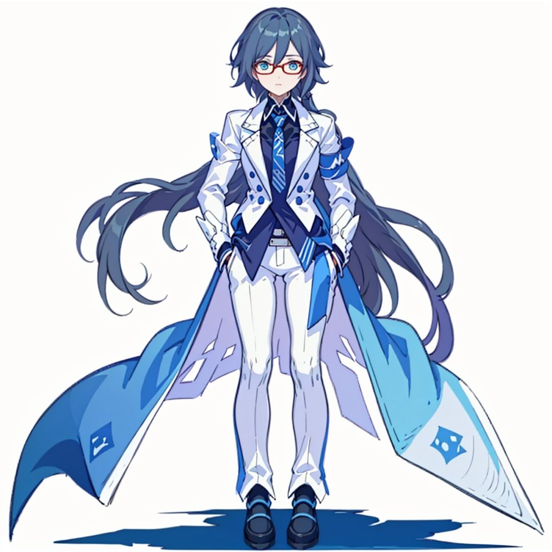 (masterpiece:1.3),(the best quality:1.2),(super fine illustrations:1.2),(Masterpiece),high quality,high detail,(white background:1.2),looking at viewer,(SOLO:1.4),outline,simple background, hair_between_eyes, glasses, suit, fu_hua, blue_eyes