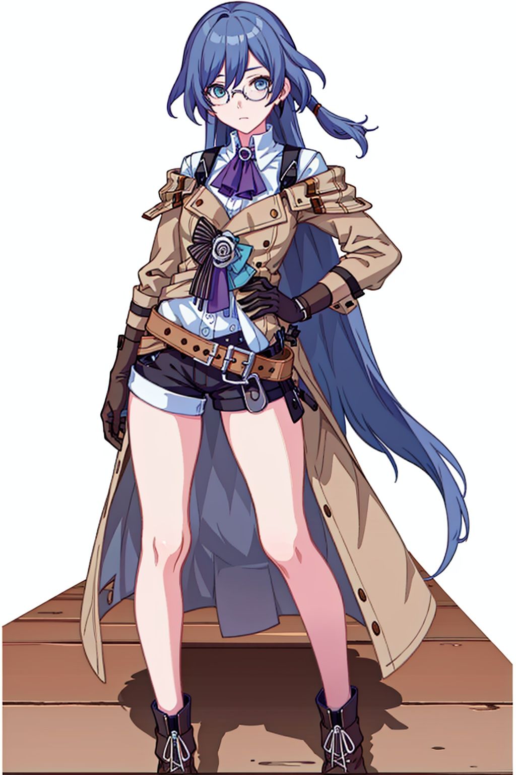 (masterpiece:1.3),(the best quality:1.2),(super fine illustrations:1.2),(Masterpiece),high quality,high detail,(white background:1.2),looking at viewer,(SOLO:1.4),outline,simple background,, fu hua,glasses,brown_footwear,boots,blue_eyes,
