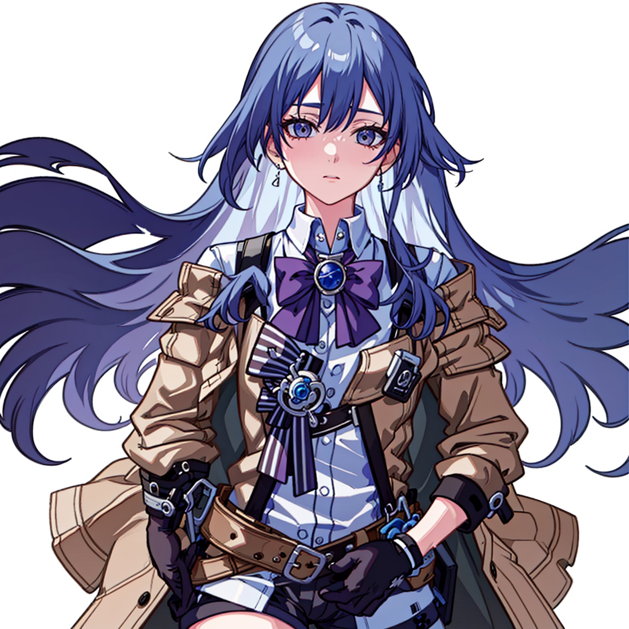  (masterpiece:1.3),(the best quality:1.2),(super fine illustrations:1.2),(Masterpiece),high quality,high detail,(white background:1.2),looking at viewer,(SOLO:1.4),outline,simplebackground,, gloves,thighhighs,shorts,hair ornament,striped bow,jewelry,coat,plaid,collared shirt,necktie,very long hair,long sleeves,multicolored hair,bangs,suspenders,kneehighs,purple bow,white shirt,bowtie,purple bowtie,shirt,jacket,brooch,hair between eyes,