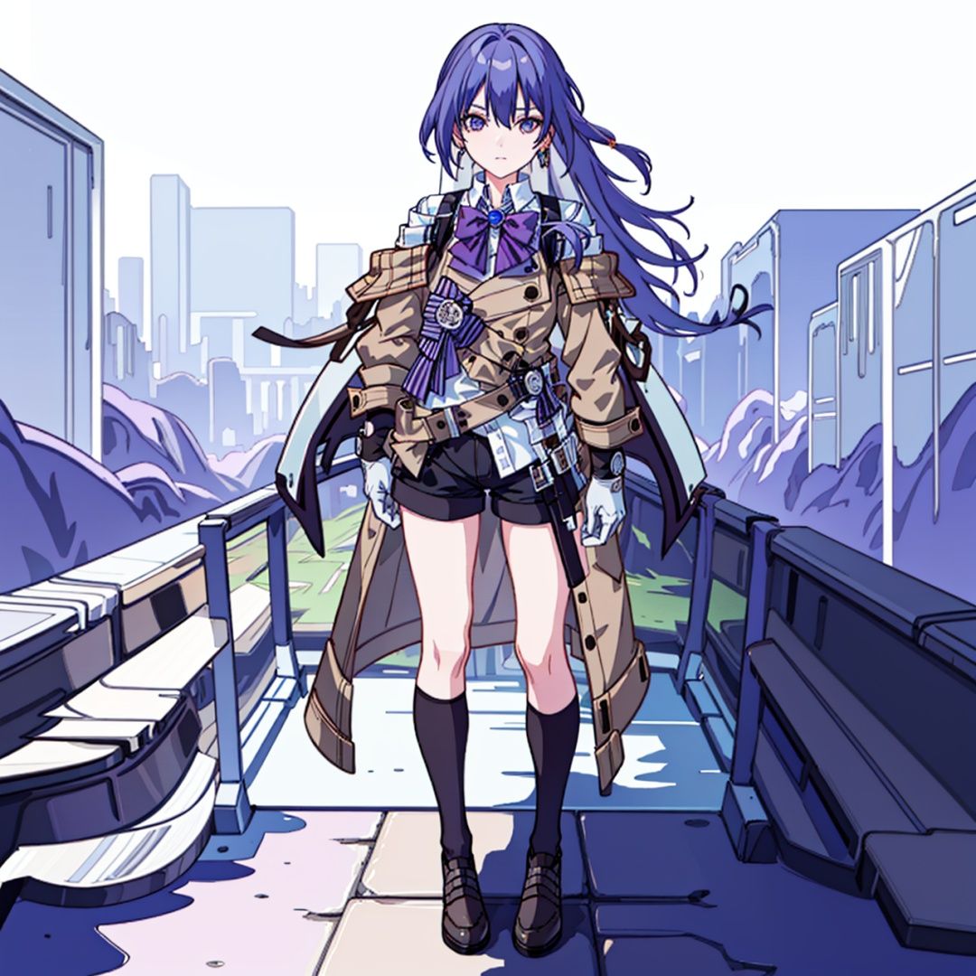 (masterpiece:1.3),(the best quality:1.2),(super fine illustrations:1.2),(Masterpiece),high quality,high detail,(white background:1.2),looking at viewer,(SOLO:1.4),outline,simplebackground,, gloves,thighhighs,shorts,hair ornament,striped bow,jewelry,coat,plaid,collared shirt,necktie,very long hair,long sleeves,multicolored hair,bangs,suspenders,kneehighs,purple bow,white shirt,bowtie,purple bowtie,shirt,jacket,brooch,hair between eyes,