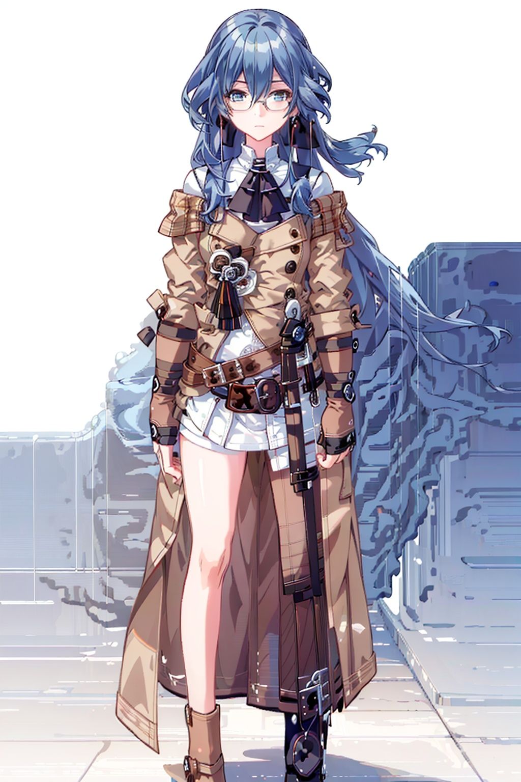 (masterpiece:1.3),(the best quality:1.2),(super fine illustrations:1.2),(Masterpiece),high quality,high detail,(white background:1.2),looking at viewer,(SOLO:1.4),outline,simple background,, fu hua,glasses,brown_footwear,boots,blue_eyes,