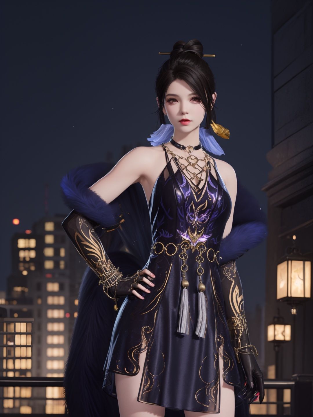 YJWJyulinglongXSLY, 1girl,jewelry, solo,black hair,single hair bun,  dress, hair stick, yellow eyes, bracelet, bell,choker,fur trim,elbow gloves, tassel,   <lora:YJWJyulinglongXSLY:0.75>,cityscape, night, looking at viewer, mature female, hand on hip, 