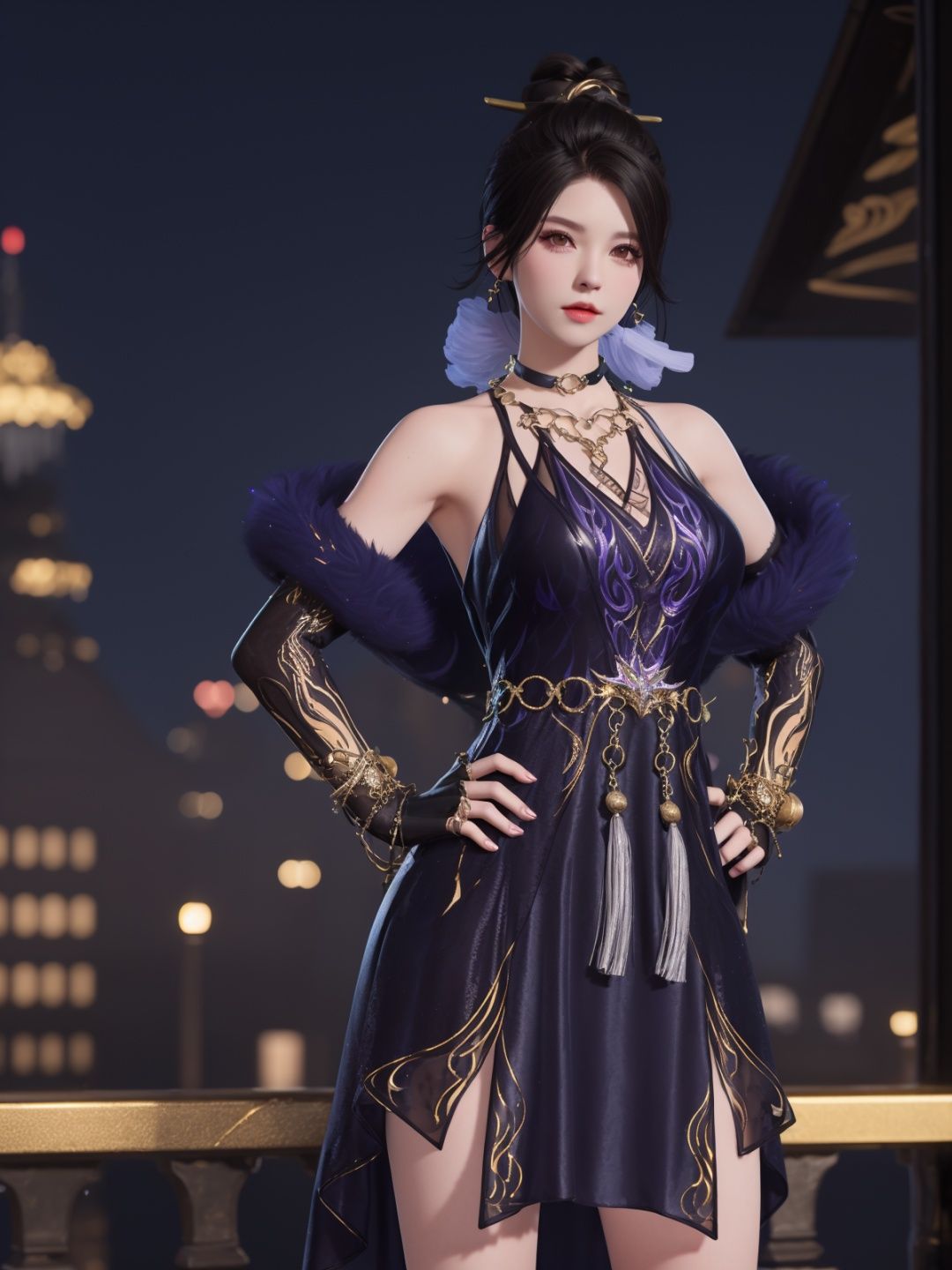 YJWJyulinglongXSLY, 1girl,jewelry, solo,black hair,single hair bun,  dress, hair stick, yellow eyes, bracelet, bell,choker,fur trim,elbow gloves, tassel,   <lora:YJWJyulinglongXSLY:0.75>,cityscape, night, looking at viewer, mature female, hand on hip, 
