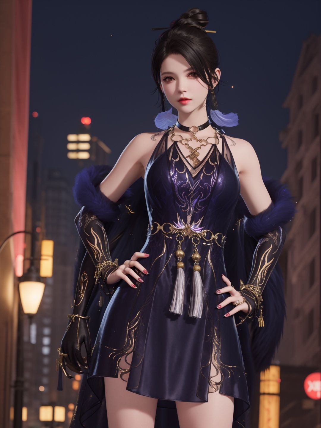 YJWJyulinglongXSLY, 1girl,jewelry, solo,black hair,single hair bun,  dress, hair stick, yellow eyes, bracelet, bell,choker,fur trim,elbow gloves, tassel,   <lora:YJWJyulinglongXSLY:0.75>,cityscape, night, looking at viewer, mature female, hand on hip, 