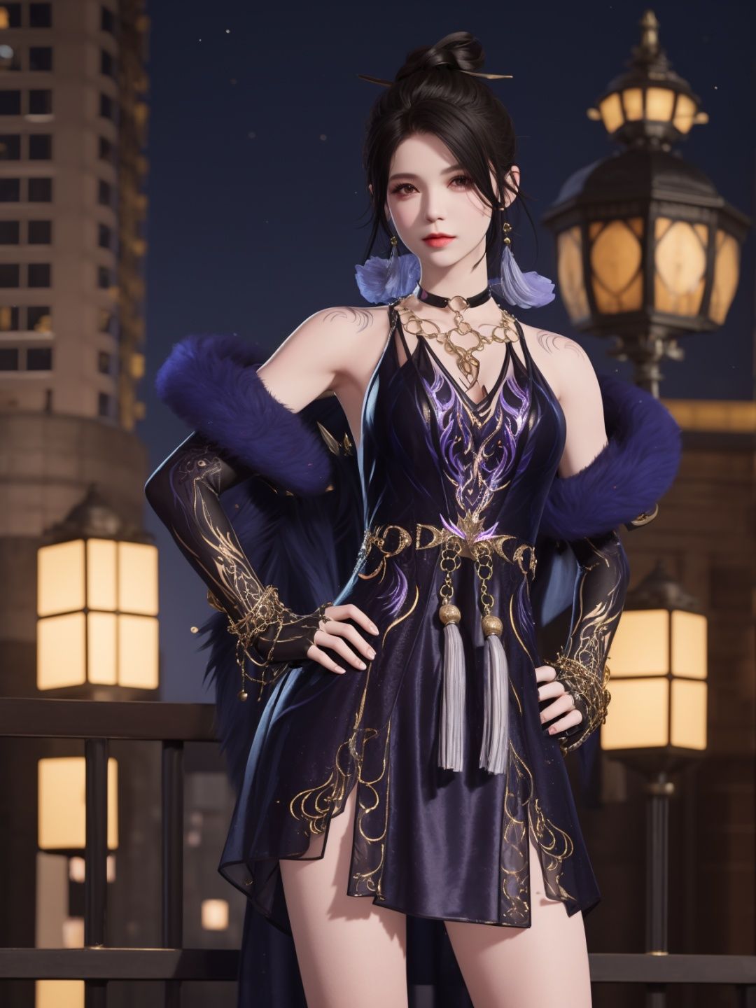 YJWJyulinglongXSLY, 1girl,jewelry, solo,black hair,single hair bun,  dress, hair stick, yellow eyes, bracelet, bell,choker,fur trim,elbow gloves, tassel,   <lora:YJWJyulinglongXSLY:0.75>,cityscape, night, looking at viewer, mature female, hand on hip, 