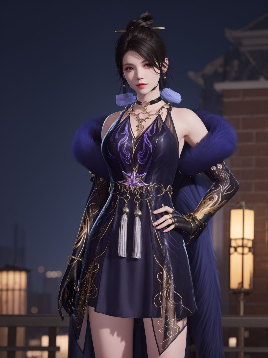YJWJyulinglongXSLY, 1girl,jewelry, solo,black hair,single hair bun,  dress, hair stick, yellow eyes, bracelet, bell,choker,fur trim,elbow gloves, tassel,   <lora:YJWJyulinglongXSLY:0.75>,cityscape, night, looking at viewer, mature female, hand on hip, 