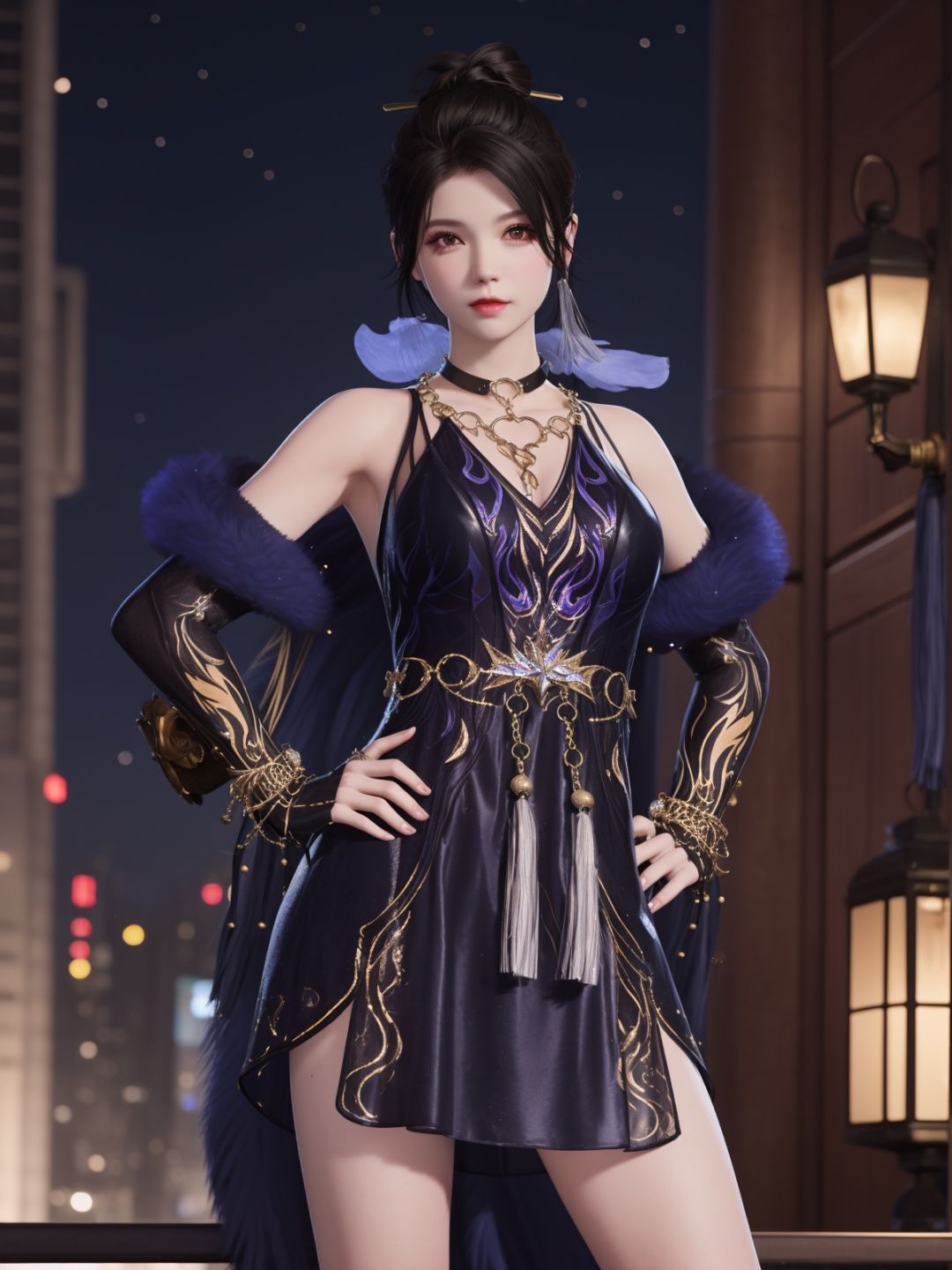 YJWJyulinglongXSLY, 1girl,jewelry, solo,black hair,single hair bun,  dress, hair stick, yellow eyes, bracelet, bell,choker,fur trim,elbow gloves, tassel,   <lora:YJWJyulinglongXSLY:0.75>,cityscape, night, looking at viewer, mature female, hand on hip, 