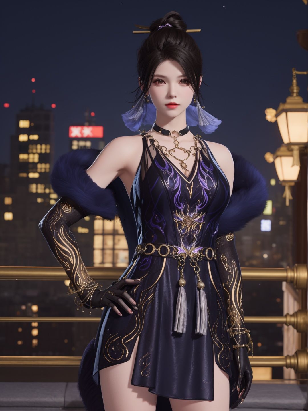 YJWJyulinglongXSLY, 1girl,jewelry, solo,black hair,single hair bun,  dress, hair stick, yellow eyes, bracelet, bell,choker,fur trim,elbow gloves, tassel,   <lora:YJWJyulinglongXSLY:0.75>,cityscape, night, looking at viewer, mature female, hand on hip, 