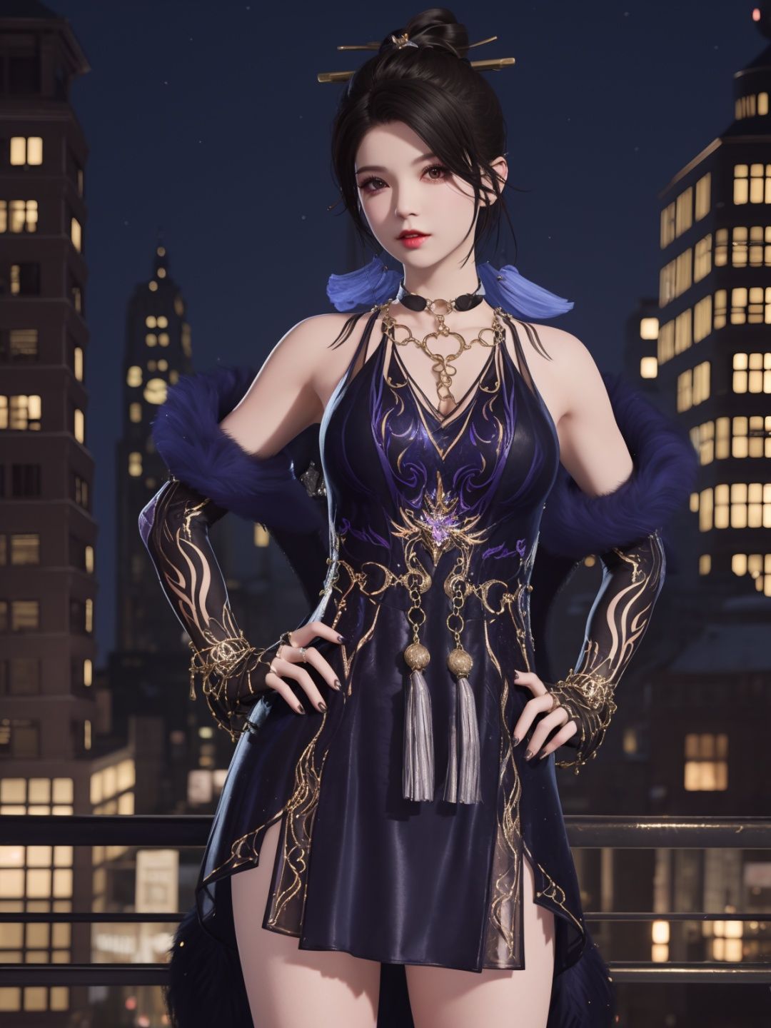YJWJyulinglongXSLY, 1girl,jewelry, solo,black hair,single hair bun,  dress, hair stick, yellow eyes, bracelet, bell,choker,fur trim,elbow gloves, tassel,   <lora:YJWJyulinglongXSLY:0.75>,cityscape, night, looking at viewer, mature female, hand on hip, 