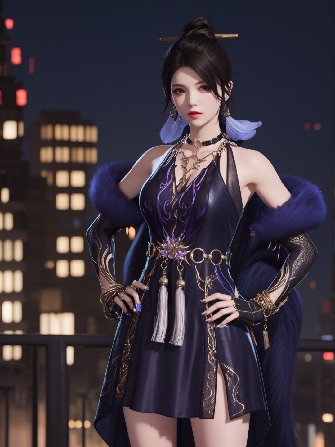 YJWJyulinglongXSLY, 1girl,jewelry, solo,black hair,single hair bun,  dress, hair stick, yellow eyes, bracelet, bell,choker,fur trim,elbow gloves, tassel,   <lora:YJWJyulinglongXSLY:0.75>,cityscape, night, looking at viewer, mature female, hand on hip, 