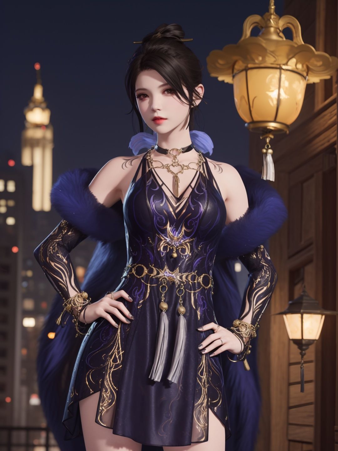 YJWJyulinglongXSLY, 1girl,jewelry, solo,black hair,single hair bun,  dress, hair stick, yellow eyes, bracelet, bell,choker,fur trim,elbow gloves, tassel,   <lora:YJWJyulinglongXSLY:0.75>,cityscape, night, looking at viewer, mature female, hand on hip, 