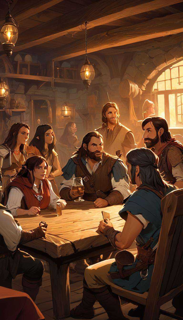 Cinematic scene,  a group of adventurers in a tavern,  discussing their latest quest and the challenges they faced along t...