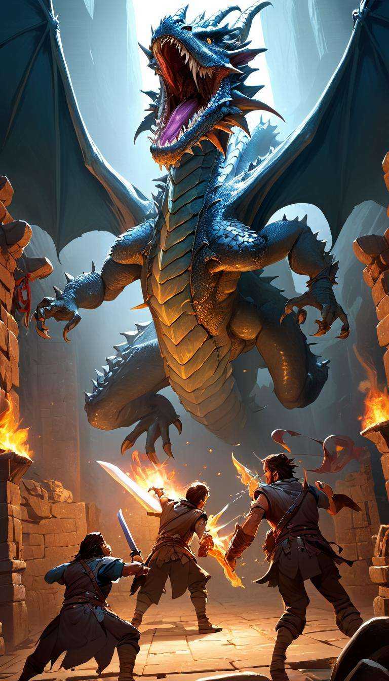 Cinematic scene,  hero view,  hyperdetailed picture of adventurers fighting a dragon in a dungeon on Tensor.Art