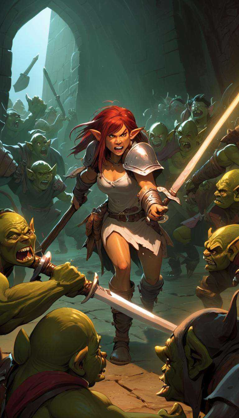 Cinematic scene,  a female adventurer in a dungeon crawl,  wielding their trusty sword and shield on Tensor.Art