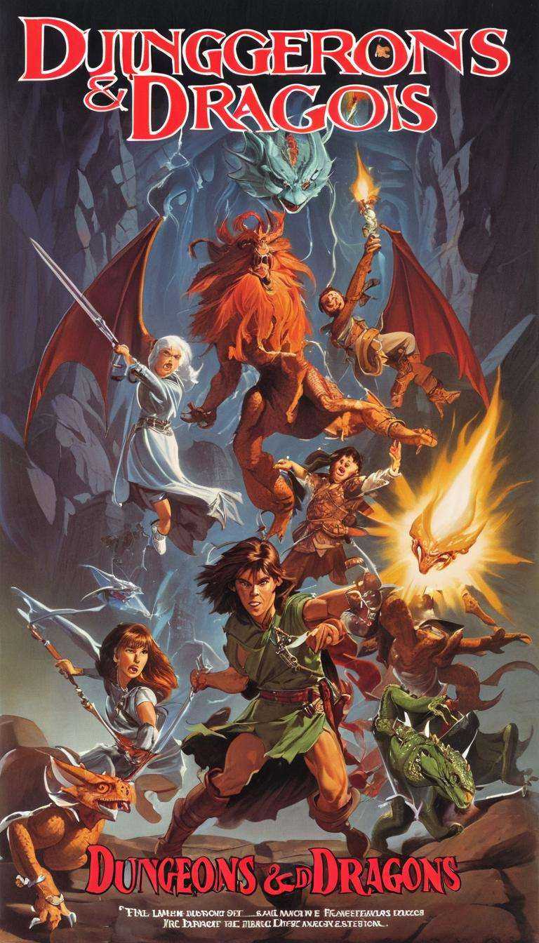 Cinematic scene,  movie cover of Dungeons & Dragons,  title stating clearly readable "Dungeons & Dragons" on Tensor.Art
