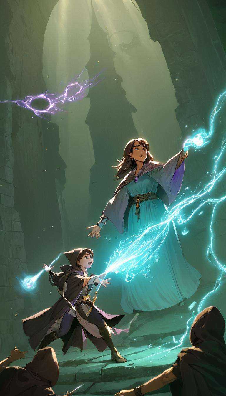 Cinematic scene,  hero view,  a female wizard casting spells on an enemy using their magic on Tensor.Art