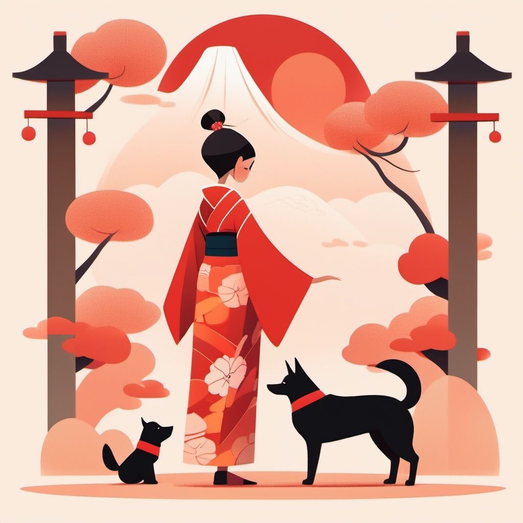 Flat Design, 1girl, japanese clothes, dog, closed eyes, black hair, hakama, skirt, wide sleeves, kimono, long sleeves, standing, full body, hakama skirt, solo, profile, animal, smile, circle, short hair, hair bun, shiba inu, red hakama