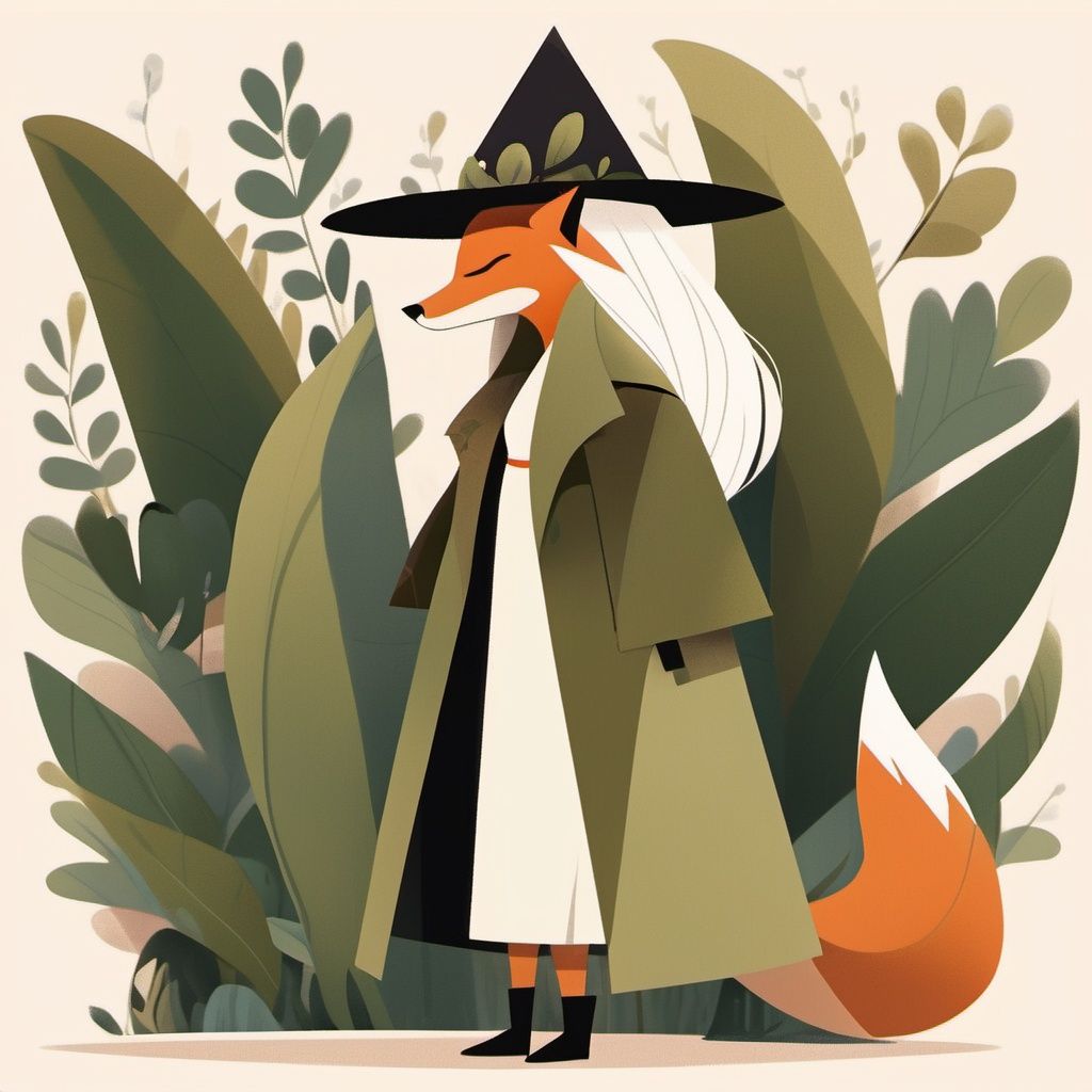 Flat Design, fox, long hair, white hair, hat, closed eyes, long sleeves, standing, green coat, leaf, 1girl, profile, full body, plant, coat, very long hair, black footwear, shadow, black headwear, earrings